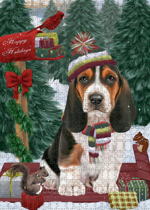 Christmas Woodland Sled Basset Hound Dog Portrait Jigsaw Puzzle for Adults Animal Interlocking Puzzle Game Unique Gift for Dog Lover's with Metal Tin Box PZL864