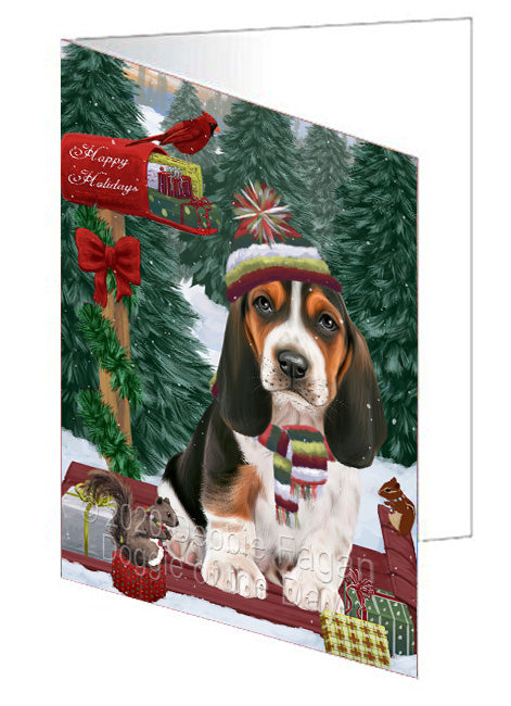 Christmas Woodland Sled Basset Hound Dog Handmade Artwork Assorted Pets Greeting Cards and Note Cards with Envelopes for All Occasions and Holiday Seasons