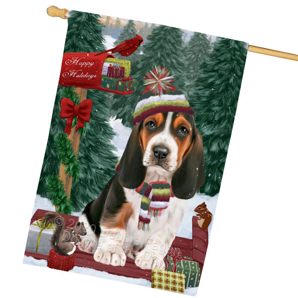 Christmas Woodland Sled Basset Hound Dog House Flag Outdoor Decorative Double Sided Pet Portrait Weather Resistant Premium Quality Animal Printed Home Decorative Flags 100% Polyester FLG69541