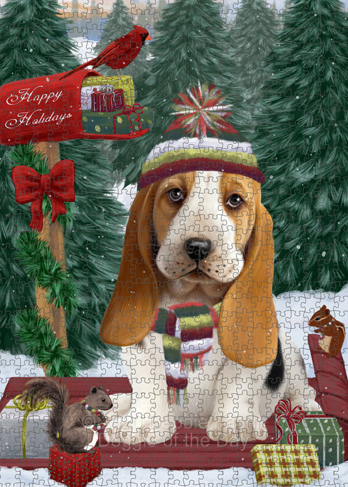Christmas Woodland Sled Basset Hound Dog Portrait Jigsaw Puzzle for Adults Animal Interlocking Puzzle Game Unique Gift for Dog Lover's with Metal Tin Box PZL865