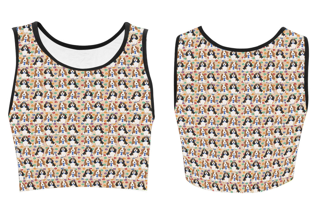 Rainbow Paw Print Basset Hound Dogs Blue Women's Crop Top