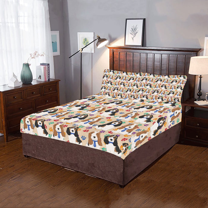 Rainbow Paw Print Basset Hound Dogs Blue 3-Piece Bedding Set