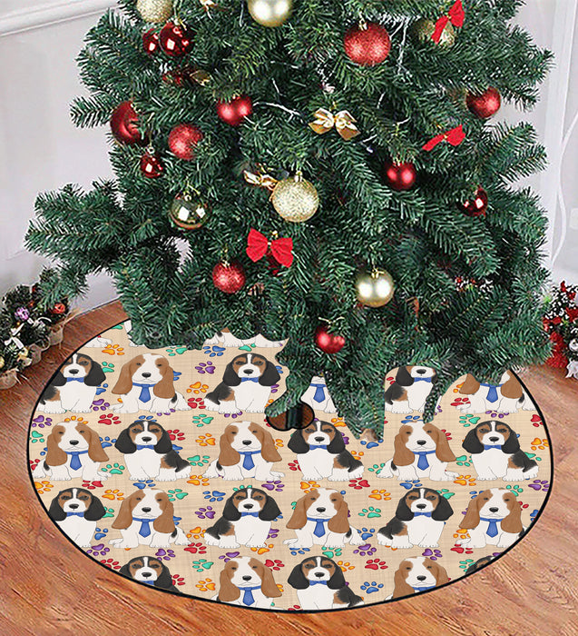 Rainbow Paw Print Basset Hound Dogs Blue Christmas Tree Skirt