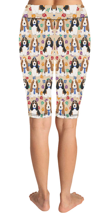 Rainbow Paw Print Basset Hound Dogs Blue Knee Length Leggings