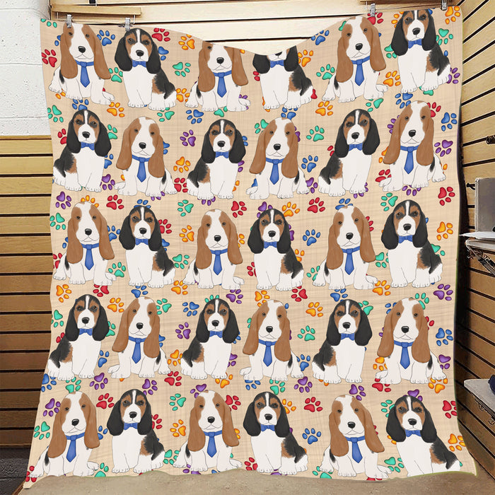 Rainbow Paw Print Basset Hound Dogs Blue Quilt