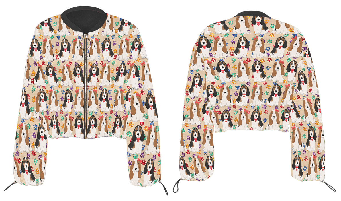 Rainbow Paw Print Basset Hound Dogs Cropped Chiffon Women's Jacket WH50486