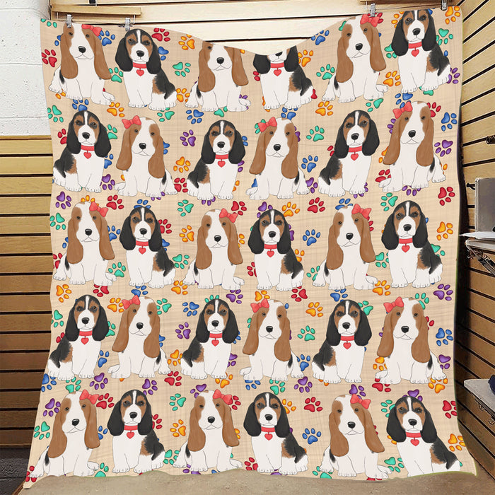 Rainbow Paw Print Basset Hound Dogs Red Quilt