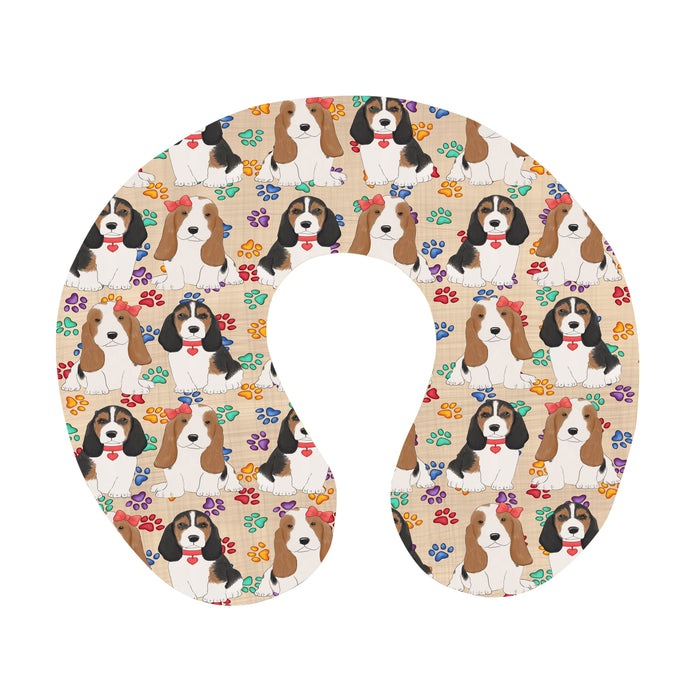 Rainbow Paw Print Basset Hound Dogs Red U-Shape Travel Pillow