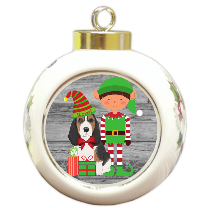 Custom Personalized Basset Hound Dog Elfie and Presents Christmas Round Ball Ornament