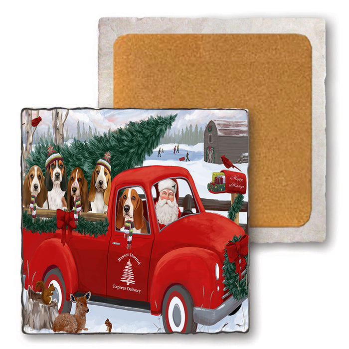 Christmas Santa Express Delivery Basset Hounds Dog Family Set of 4 Natural Stone Marble Tile Coasters MCST50006