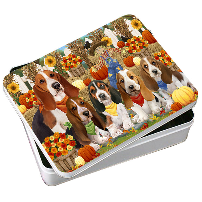 Fall Festive Gathering Basset Hounds Dog with Pumpkins Photo Storage Tin PITN50621
