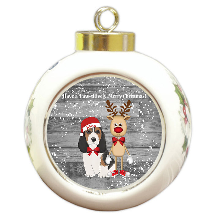 Custom Personalized Basset Hound Dog Reindeer and Pooch Christmas Round Ball Ornament
