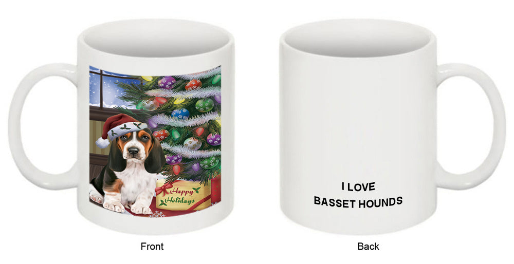 Christmas Happy Holidays Basset Hound Dog with Tree and Presents Coffee Mug MUG49199