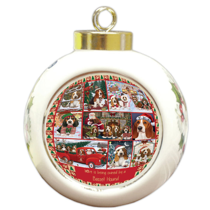 Love is Being Owned Christmas Basset Hound Dogs Round Ball Christmas Ornament RBPOR58352
