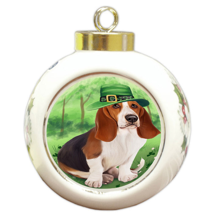 St. Patricks Day Irish Portrait Basset Hound Dog Round Ball Christmas Ornament RBPOR49307