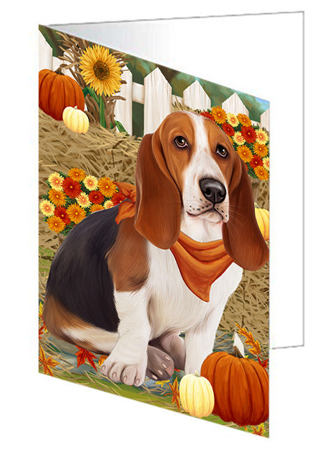 Fall Autumn Greeting Basset Hound Dog with Pumpkins Handmade Artwork Assorted Pets Greeting Cards and Note Cards with Envelopes for All Occasions and Holiday Seasons GCD56063