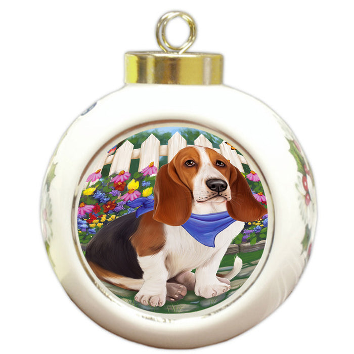 Spring Floral Basset Hound Dog Round Ball Christmas Ornament RBPOR49778