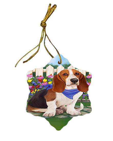 Spring Floral Basset Hound Dog Star Porcelain Ornament SPOR49770