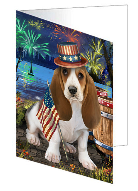 4th of July Independence Day Fireworks Basset Hound Dog at the Lake Handmade Artwork Assorted Pets Greeting Cards and Note Cards with Envelopes for All Occasions and Holiday Seasons GCD56765