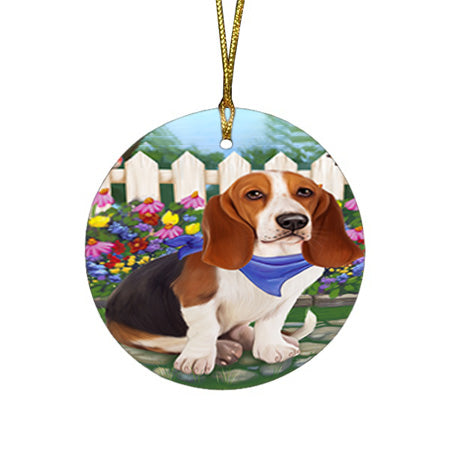 Spring Floral Basset Hound Dog Round Flat Christmas Ornament RFPOR49769