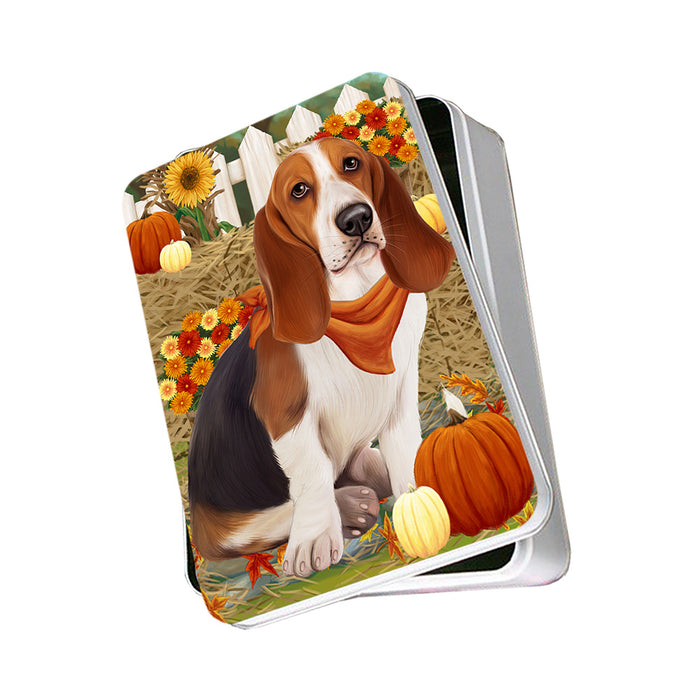 Fall Autumn Greeting Basset Hound Dog with Pumpkins Photo Storage Tin PITN50678