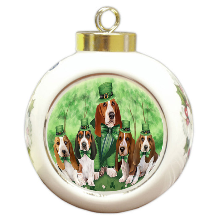 St. Patricks Day Irish Family Portrait Basset Hounds Dog Round Ball Christmas Ornament RBPOR49308