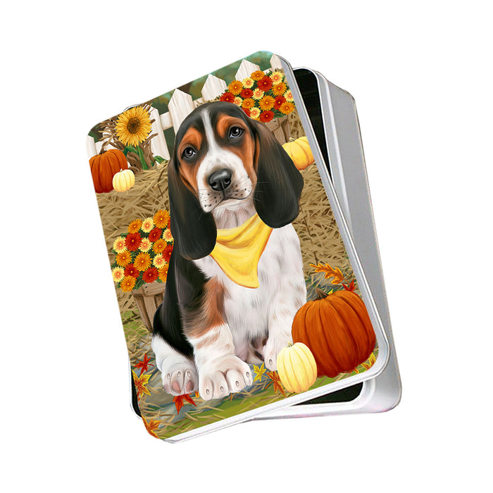 Fall Autumn Greeting Basset Hound Dog with Pumpkins Photo Storage Tin PITN50679