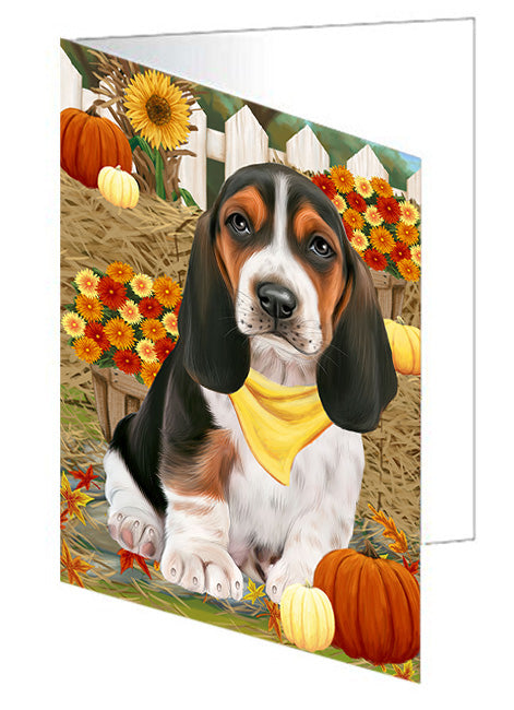 Fall Autumn Greeting Basset Hound Dog with Pumpkins Handmade Artwork Assorted Pets Greeting Cards and Note Cards with Envelopes for All Occasions and Holiday Seasons GCD56066