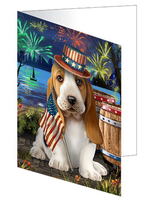 4th of July Independence Day Fireworks Basset Hound Dog at the Lake Handmade Artwork Assorted Pets Greeting Cards and Note Cards with Envelopes for All Occasions and Holiday Seasons GCD56768