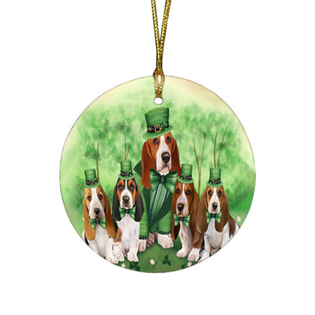 St. Patricks Day Irish Family Portrait Basset Hounds Dog Round Flat Christmas Ornament RFPOR49299