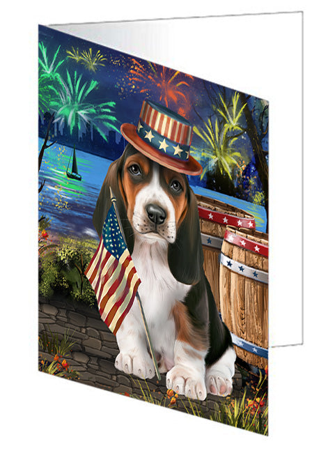 4th of July Independence Day Fireworks Basset Hound Dog at the Lake Handmade Artwork Assorted Pets Greeting Cards and Note Cards with Envelopes for All Occasions and Holiday Seasons GCD56771