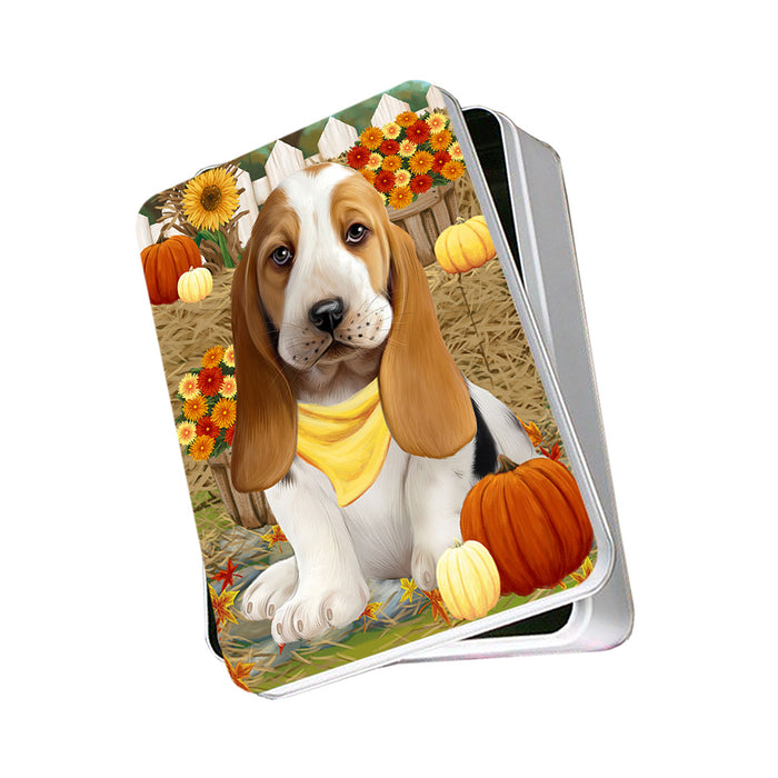 Fall Autumn Greeting Basset Hound Dog with Pumpkins Photo Storage Tin PITN50680