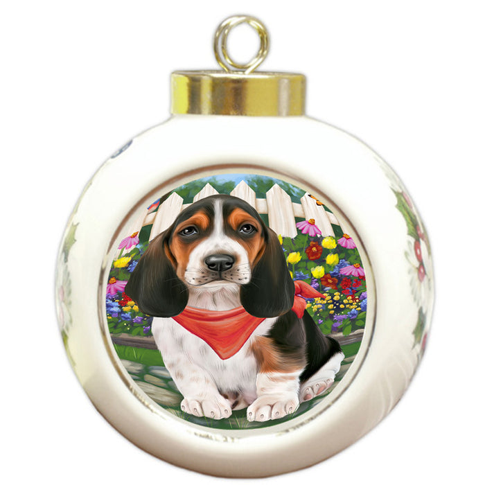 Spring Floral Basset Hound Dog Round Ball Christmas Ornament RBPOR49780