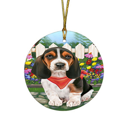 Spring Floral Basset Hound Dog Round Flat Christmas Ornament RFPOR49771