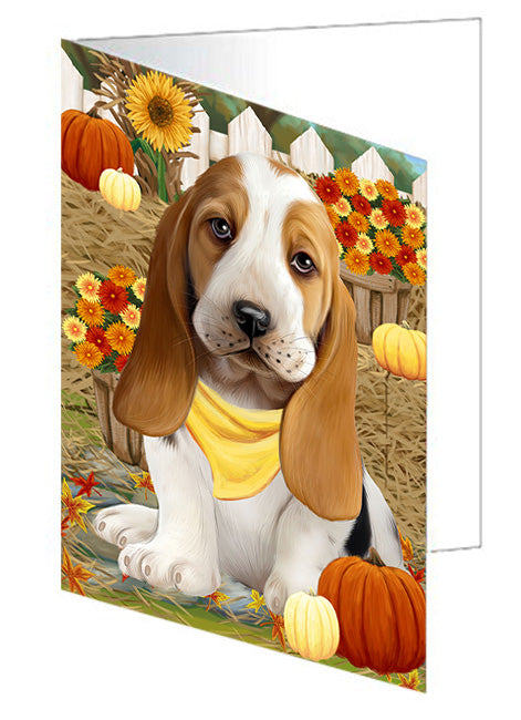 Fall Autumn Greeting Basset Hound Dog with Pumpkins Handmade Artwork Assorted Pets Greeting Cards and Note Cards with Envelopes for All Occasions and Holiday Seasons GCD56069
