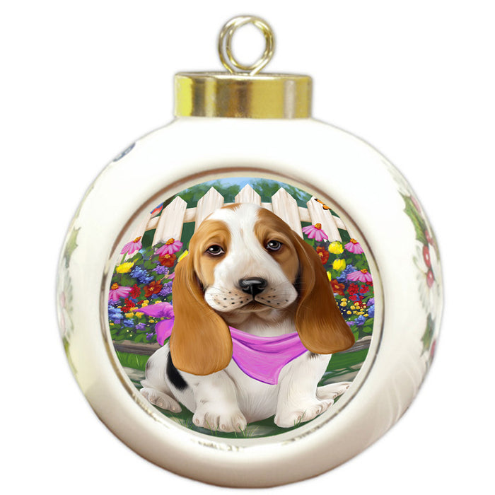 Spring Floral Basset Hound Dog Round Ball Christmas Ornament RBPOR49781