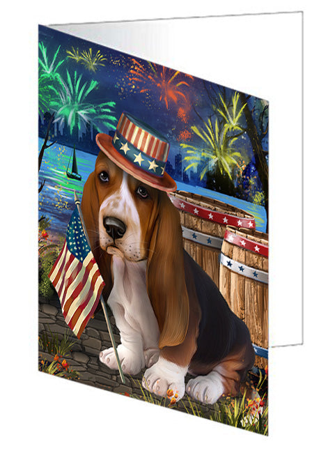 4th of July Independence Day Fireworks Basset Hound Dog at the Lake Handmade Artwork Assorted Pets Greeting Cards and Note Cards with Envelopes for All Occasions and Holiday Seasons GCD56774