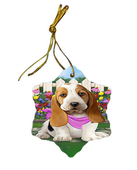 Spring Floral Basset Hound Dog Star Porcelain Ornament SPOR49773