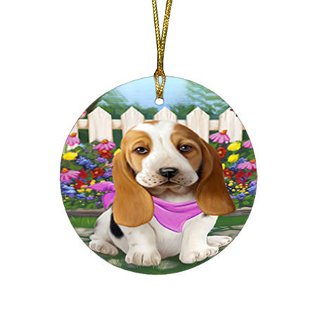 Spring Floral Basset Hound Dog Round Flat Christmas Ornament RFPOR49772