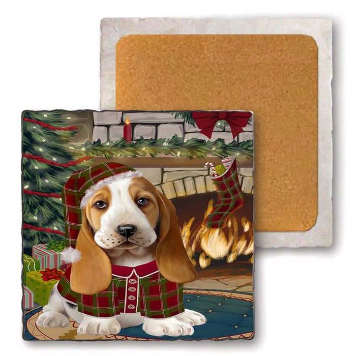 The Stocking was Hung Basset Hound Dog Set of 4 Natural Stone Marble Tile Coasters MCST50188