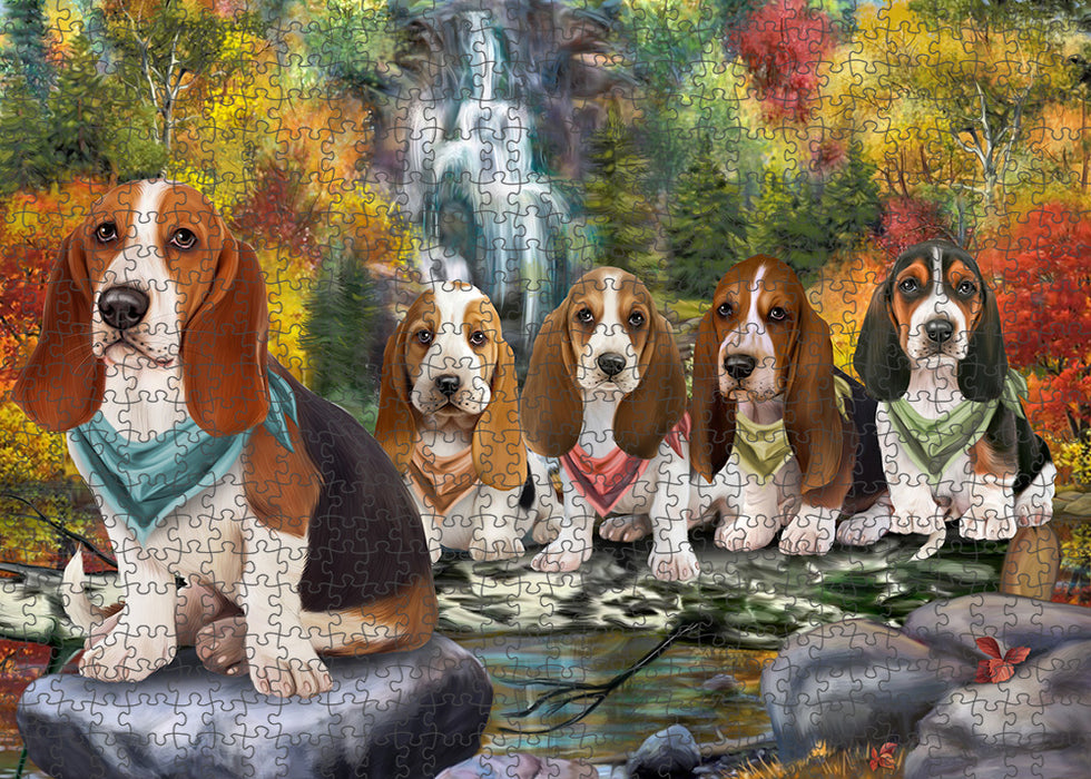 Scenic Waterfall Basset Hounds Dog Puzzle with Photo Tin PUZL59523