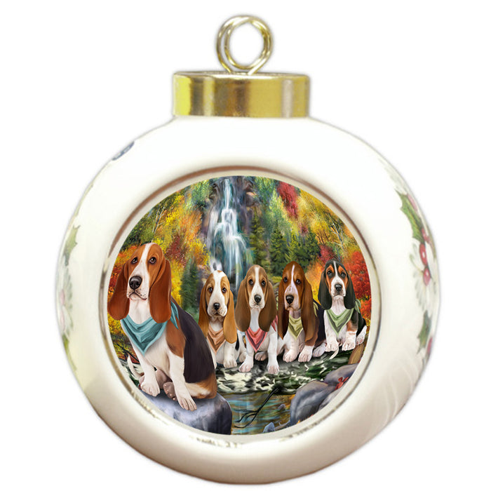 Scenic Waterfall Basset Hounds Dog Round Ball Christmas Ornament RBPOR51812