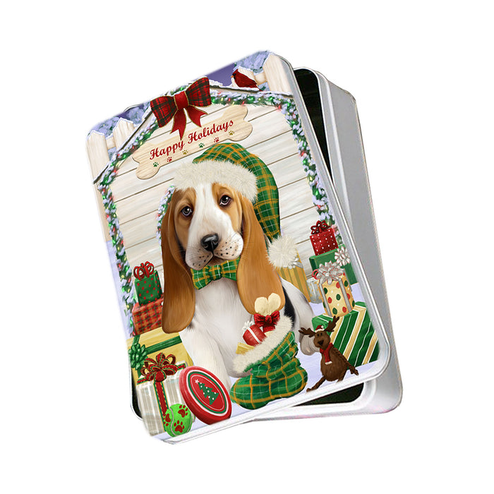 Happy Holidays Christmas Basset Hound Dog House with Presents Photo Storage Tin PITN51320