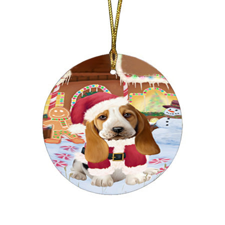 Christmas Gingerbread House Candyfest Basset Hound Dog Round Flat Christmas Ornament RFPOR56517