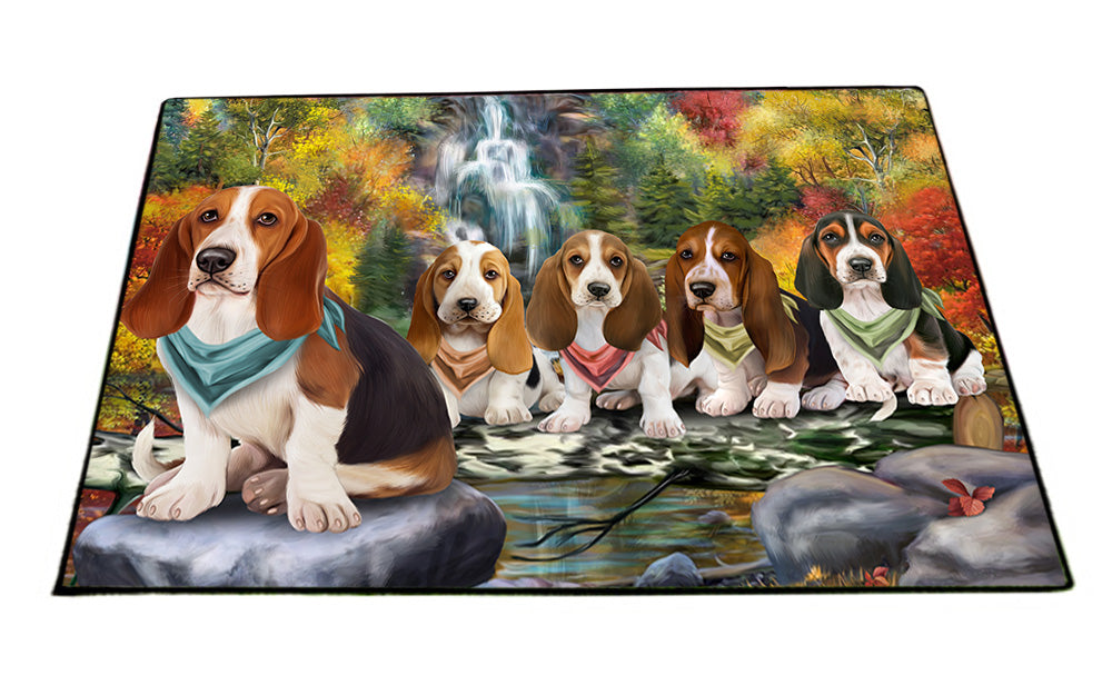 Scenic Waterfall Basset Hounds Dog Floormat FLMS51327