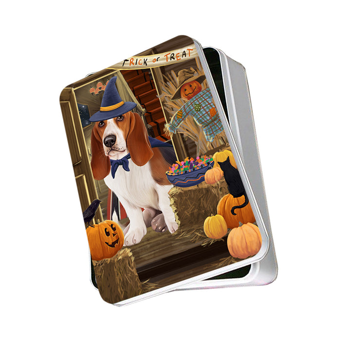 Enter at Own Risk Trick or Treat Halloween Basset Hound Dog Photo Storage Tin PITN52974