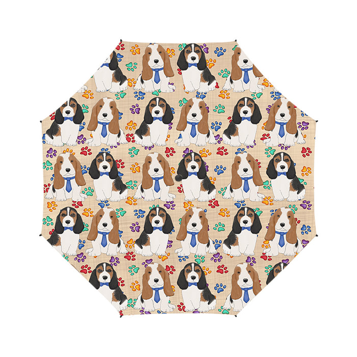 Rainbow Paw Print Basset Hound Dogs Blue Semi-Automatic Foldable Umbrella