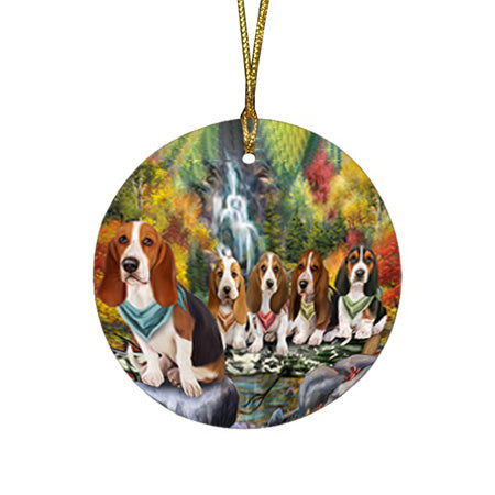 Scenic Waterfall Basset Hounds Dog Round Flat Christmas Ornament RFPOR51803