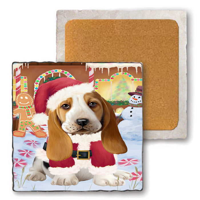 Christmas Gingerbread House Candyfest Basset Hound Dog Set of 4 Natural Stone Marble Tile Coasters MCST51161
