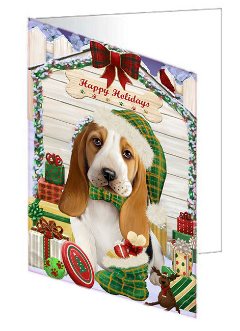 Happy Holidays Christmas Basset Hound Dog House with Presents Handmade Artwork Assorted Pets Greeting Cards and Note Cards with Envelopes for All Occasions and Holiday Seasons GCD57989